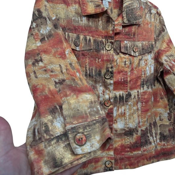 Chico’s 1 Medium Abstract Print Jacket Linen Cotton Blend Fall Colors - Picture 4 of 6